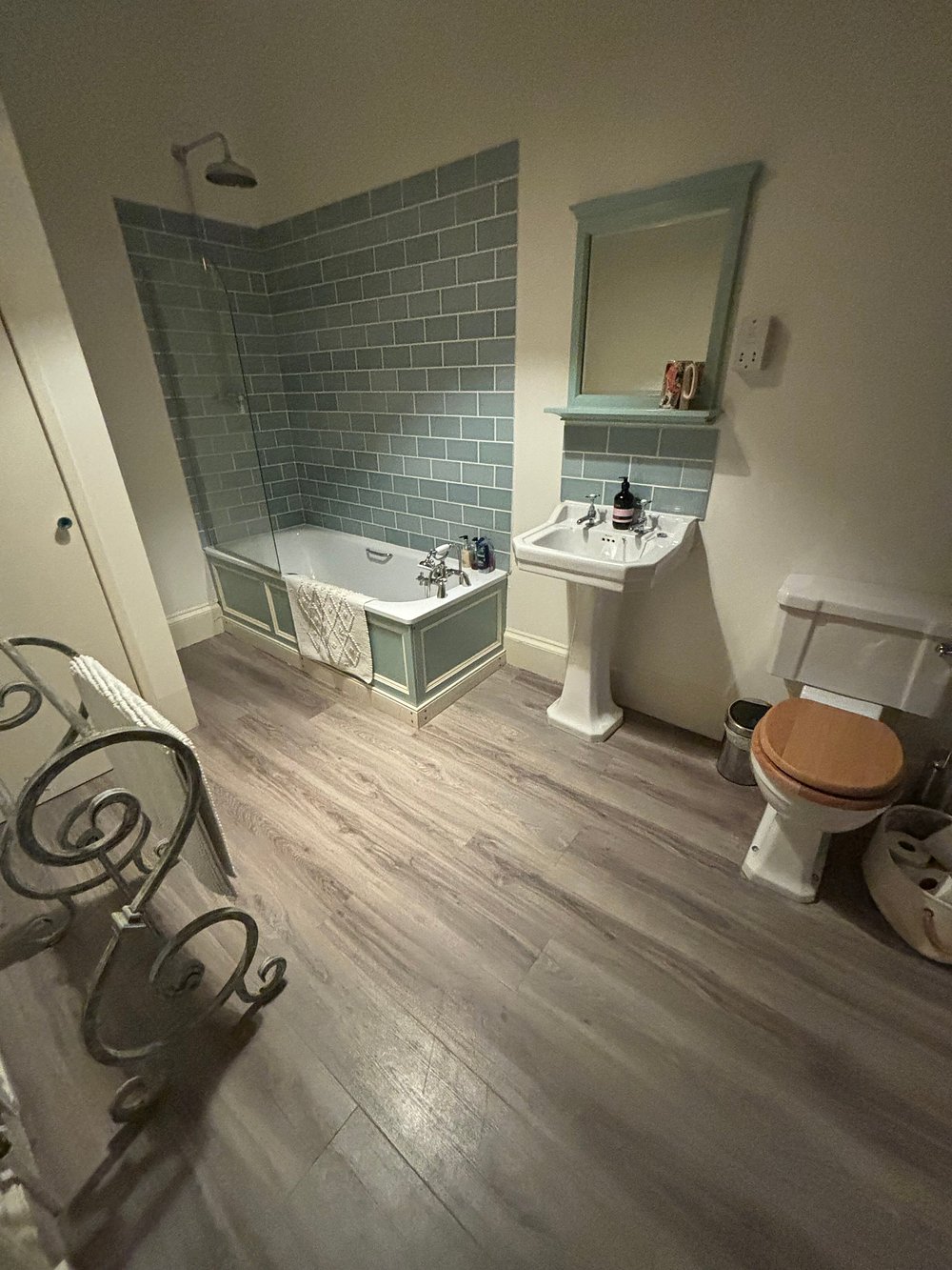 Bathroom with soft blue tiles
