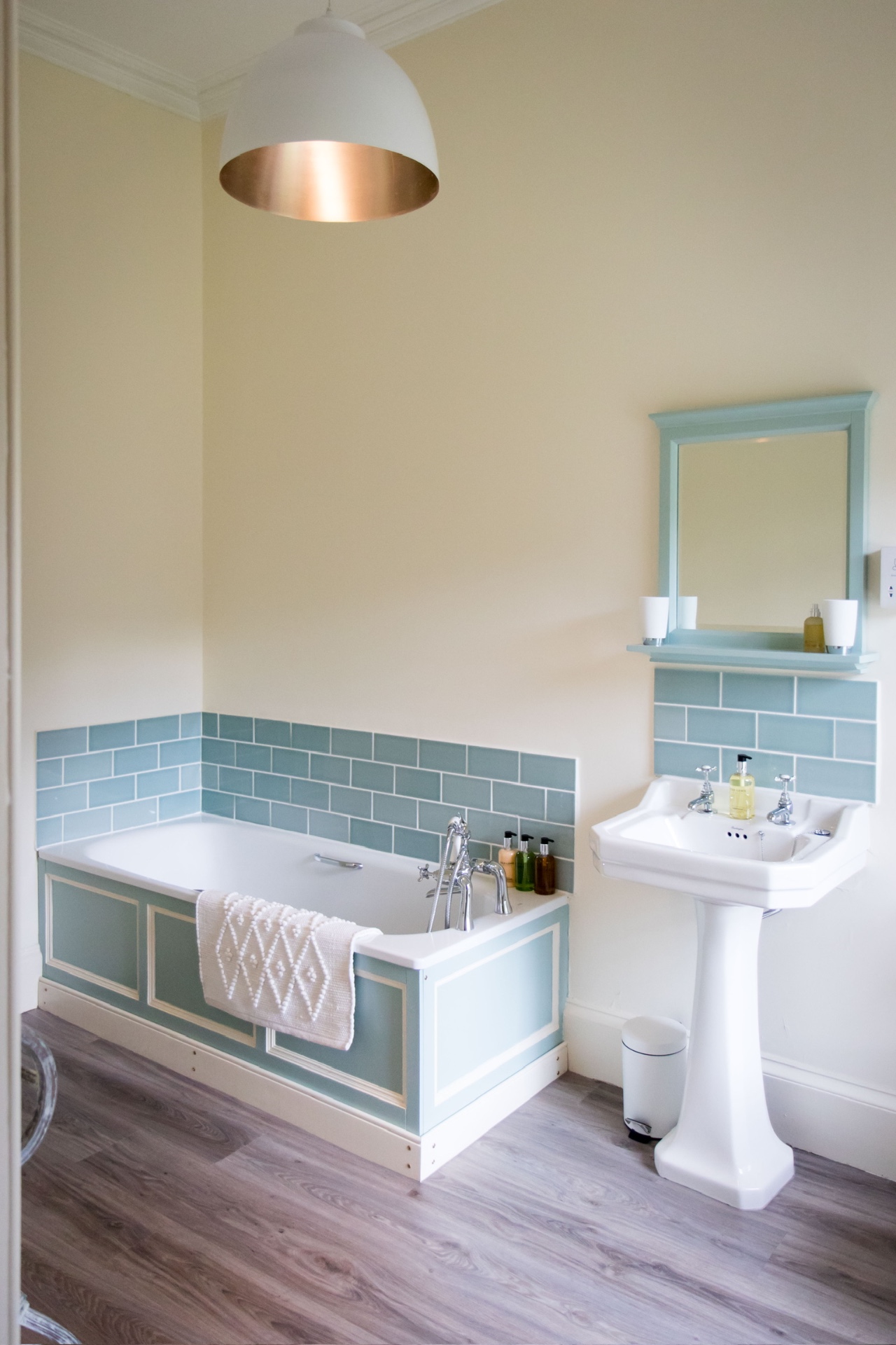 Bathroom with duck egg blue tiling
